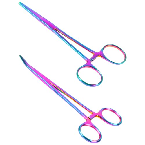 Ainiv 2 Piece Hemostat Curved and Straight Stainless Steel Self-Locking Fishing Forceps Piercing Remover Tool Piercing Grabber Tool for Nurses Pet Grooming Care Fishing DIY Crafting (Colorful, 7") - color: 2pcs Colorful(straight+uurved), size: 7"