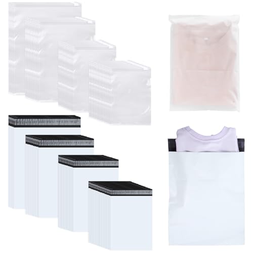 Outus 50 Pcs Mailers with 50 Pcs Poly Clothes Packaging Bags 4 Sizes Self Adhesive Shipping Mailers Frosted Plastic Bags for Clothing Small Business Flexible Mailing(Zipper,Multiple Size) - size: Multiple Size, style: Zipper