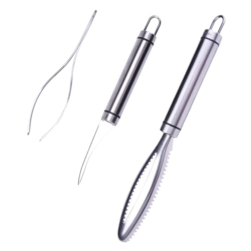 MAGICLULU Fish Scale Scraper and Fishbone Tweezer Set, Stainless Steel Seafood Tools Shrimp Deveiner, Precision Kitchen Gadget for Fish Cleaning and Scale Removal, 3pcs White Box Kit