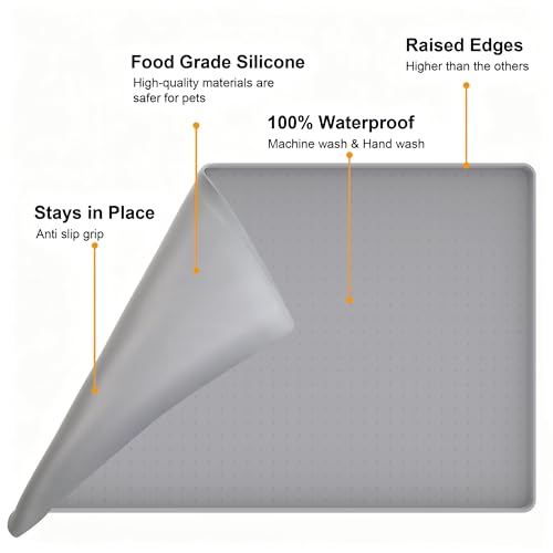 Pet Food Mat Waterproof Dog Mat 24”x16” Large – 0.5” inch Raised Edge,Pet Silicone Feeding Placemat Water Bowl Tray for Floors, Nonslip Washable Dog Mat for Food and Water