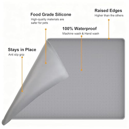 Pet Food Mat Waterproof Dog Mat 24”x16” Large – 0.5” inch Raised Edge,Pet Silicone Feeding Placemat Water Bowl Tray for Floors, Nonslip Washable Dog Mat for Food and Water