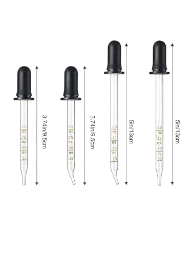 4-Pack 1mL Calibrated Glass Droppers with Measurement, Long & Short Bent & Straight Tips for Essential Oils, Lab, Feeding, Ear & Health Care