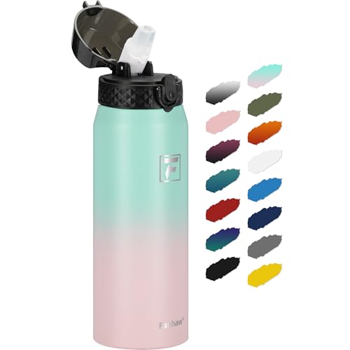 Fanhaw 24oz Kids Stainless Steel Water Bottle with Straw Lid, Green Pink - color: Green Pink, style: 24 Ounces