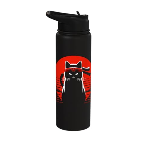 Japanese Cats Lovers And Cool Fighting Ninja Cat Fighter Stainless Steel Insulated Water Bottle - color: Black