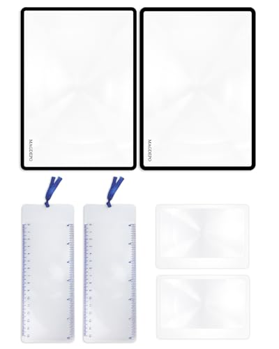 MAGDEPO 3X Page Magnifying Lens 4.75" x 7" Combo-Set 2 Bookmark Magnifier with Ruler & 2 Card Magnifier for Reading Books, Magazine, Newspaper, and People with Low Vision. - color: Combo Set