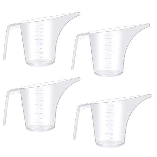 4 Pack Plastic Funnel Pitcher,Large Capacity Long Spout Measuring Cup for Bakeware Molds,Pancake,Batter,Muffin,Cakes,Soap Making(4 Cups/32 Ounces/1000 ml)