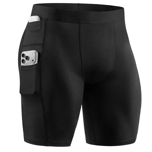 Mens Compression Shorts with Pocket, Spandex Running Underwear | Compression Muscle Support, 3 Pockets for Phone/Keys/Earbuds, Moisture-Wicking Stretch, for Gym, Athletic Workouts - color: Black, size: Medium