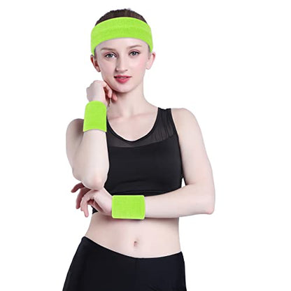 ONUPGO Sweatband Set Sports Headband Wristband Set Sweatbands Terry Cloth Wristband Wrist Sweatband Headbands Moisture Wicking Sweat Absorbing Head Band - color: Neon Green