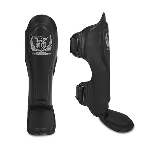 Top King New Pro Leather Shin Guards for Muay Thai - color: Black, size: Medium