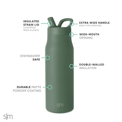 Simple Modern Insulated Water Bottle with Manual Straw | 34oz | Olive - color: Olive Grove, style: 34oz