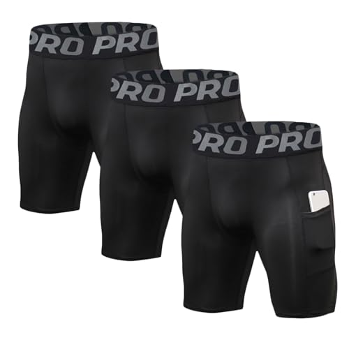 LANBAOSI Mens Compression Shorts with Phone Pocket Running Gym Yoga Athletic Tights Baselayer Summer Cool Dry Underwear Pack - color: Black*3, size: X-Large