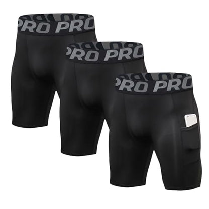 LANBAOSI Mens Compression Shorts with Phone Pocket Running Gym Yoga Athletic Tights Baselayer Summer Cool Dry Underwear Pack - color: Black*3, size: X-Large
