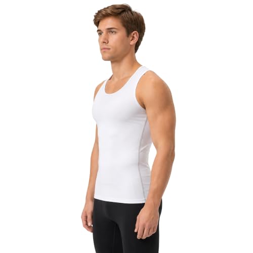 DEVOPS 3 Pack Men's Muscle Dry Fit Compression Tank Top Sleeveless Shirt - color: White / White / White(gray-stitch), size: Large