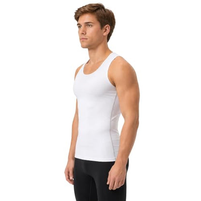 DEVOPS 3 Pack Men's Muscle Dry Fit Compression Tank Top Sleeveless Shirt - color: White / White / White(gray-stitch), size: Large