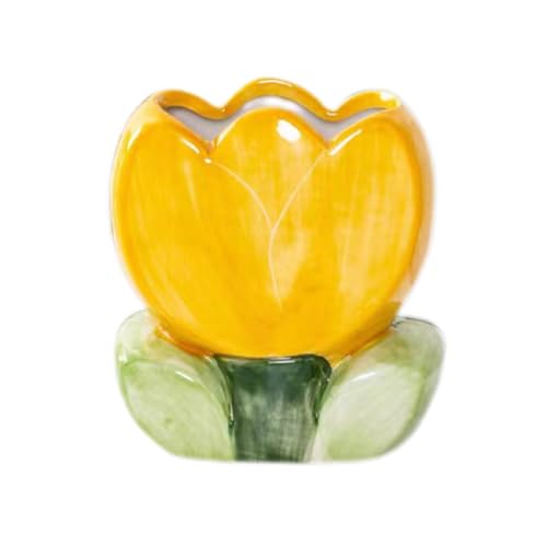 TANG SONG Ceramic Tulip Make up Brush Holder Flower Cosmetic Storage Box Pen and Pencil Holder Desktop Organizers (Yellow)