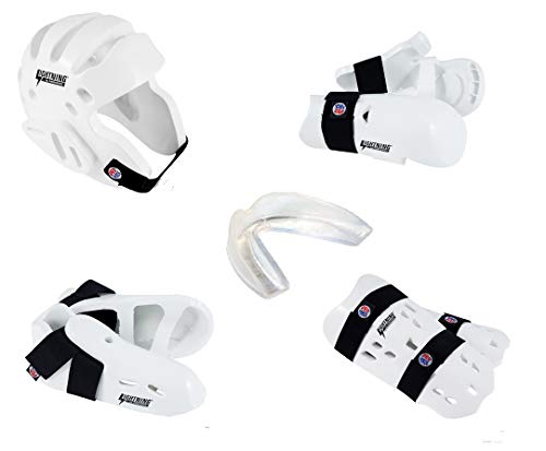 Lightning 8 Piece Deluxe Gear Set w/Shin Guards & Free Mouthpiece (Red, Large)