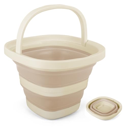 5L Collapsible Bucket with Handle, Mop Bucket for Wash Basin Dog Water Car Washing Window Cleaning, Foldable Plastic Tub Waterpot for Outdoor Beaching Fishing Gardening Camping Essentials - color: Beige, size: 5L