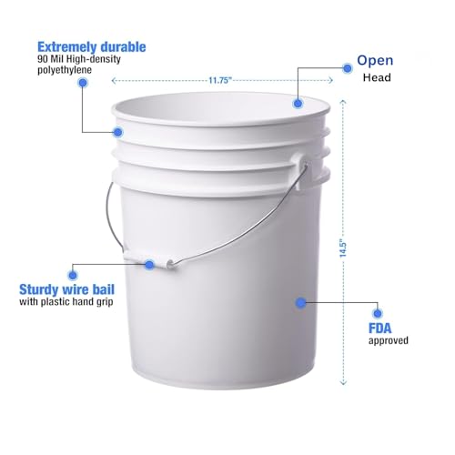 5 Gallon Food Grade Plastic Bucket, Open Head Pail with Handle, 12-3/8 in Diameter x 14-3/4 in Height (White, 1 Pack)