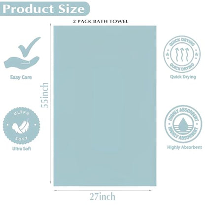 2-Pack Microfiber Bath Towels (27x54 Inches) - Ultra Soft & Quick Dry, 3X Absorbency, Lightweight for Gym, Yoga, Travel & Spa - Perfect for Home, Fitness & Post-Workout,(Bule)