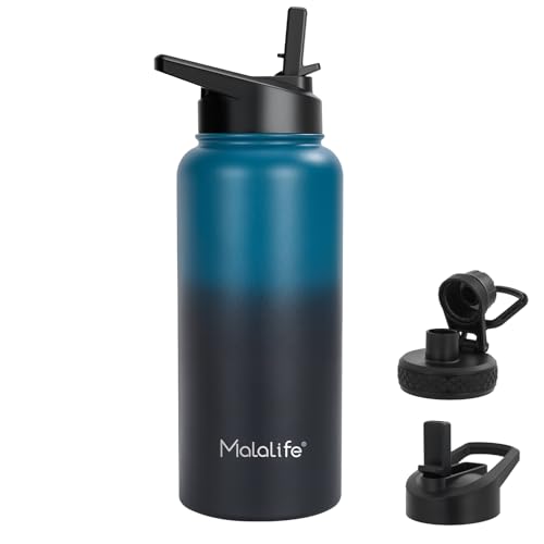 Water Bottle, BPA Free Insulated Stainless Steel, 32oz, Dual lids, Keep Cold 24H, Large Flask, Wide Mouth, Double Wall Metal Sport Drink Bottle, Hiking, Gym, Camping, Deep Teal & Onyx - color: Deep Teal & Onyx