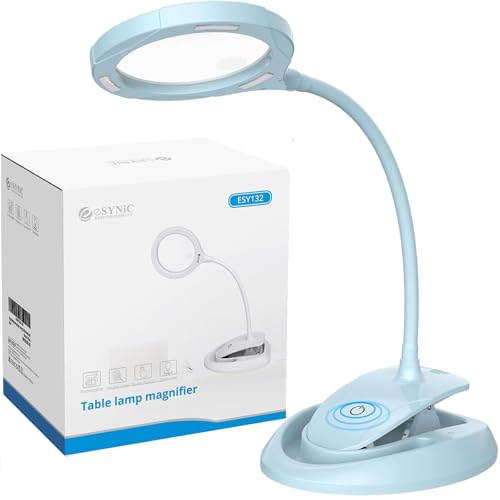 eSynic Magnifier Lamp with Light - 5X & 10X 110mm Large Lens with 15 LED Lights & USB-C Rechargeable Charging- With Flexible Gooseneck Adjustable Dual Clip& Base Mount for Crafts, Reading & Close Work