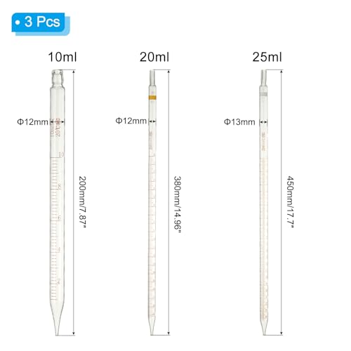 PATIKIL Graduated Dropper Pipettes Kit, 3 Pack 10ml/20ml/25ml Borosilicate Glass Pipette with Rubber Squeeze Bulb for Transfer Liquid for Lab, Chemistry - size: 10ml/20ml/25ml