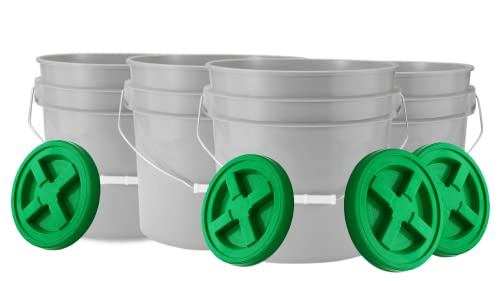 3.5 Gallon Food Grade Grey Bucket Pail with Green Screw on Air-Tight Lid (Pack of 4) BPA Free containers -Made in USA