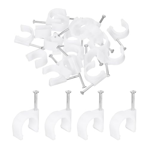 HARFINGTON 50pcs Cable Clips with Nail 20mm Thicken Circular Single Half Clamp J-Hook with Nail Cord Clips for Wires on Wall for Ethernet Tacks Coax Pex Tubing Pipe Support, White - color: White, size: 20mm