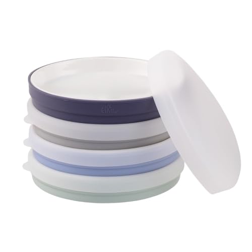 Elk and Friends Kids 7.8” Porcelain White Plates with Silicone Sleeves + Lids | Suitable for Babies/Toddlers | Microwave & Dishwasher Safe | Non Slip Dinnerware | Snack Dishes | 4 Pack - color: Gray/Sage/Navy/MistyBlue, size: 7.8" Non Divided (Non-Suction