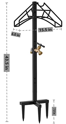 Freestanding Outdoor Garden Hose Holder Stand with Brass Faucet, Heavy Duty Metal Water Hose Reel Storage Stake Rack for Backyard, Black (Hose not Included)