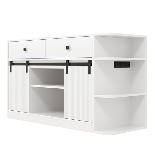75 Gallon Fish Tank Stand with RGB LED & 6-Outlet Charging Station, 55-75 Gallon Aquarium Cabinet with Sliding Doors, 1200 lbs Capacity, White - color: White, size: 55.1"L x 19.6"W x 32.2"H