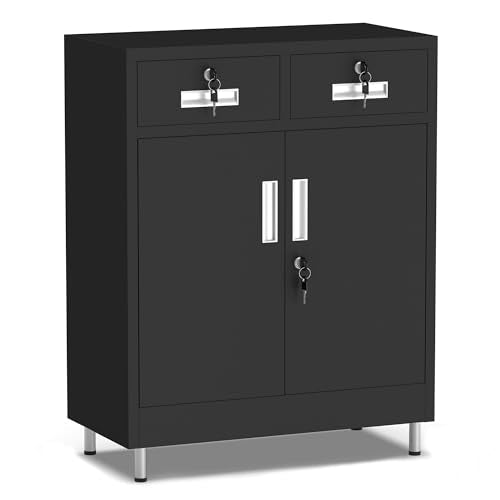 Metal Storage Cabinet with Locking Doors and 2 Drawers, Lockable Storage Cabinet with Adjustable Shelf for Home Office Garage Entryway Pantry (Black) - color: Black