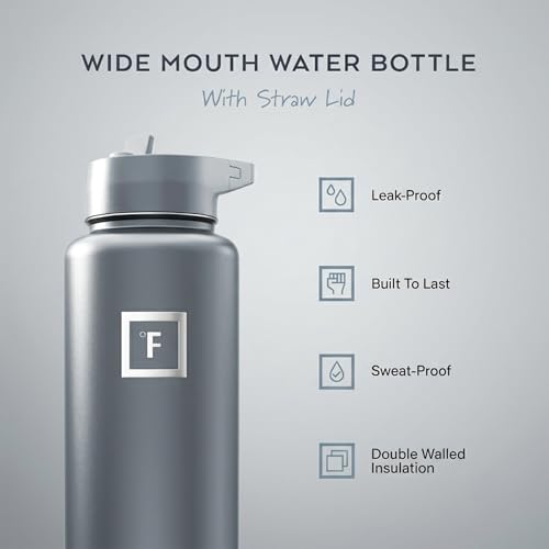 IRON °FLASK 40 oz Wide Mouth Water Bottle with Straw - color: Graphite, style: Straw - 40 Oz (1 Lid)