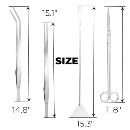 Hiceeden 4 Pcs 15 Inch Long Aquarium Aquascape Tools, Stainless Steel Aquascaping Tools Kit Include Aquarium Tweezer, Scissor, Spatula, Aquatic Plants Tool Set with Storage Pouch for Fish Tank