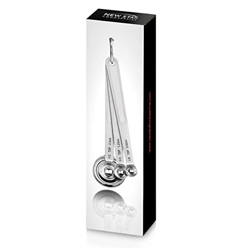 New Star Foodservice 43112 Stainless Steel Measuring Spoons, Set of 6, Round Metal Measuring Spoon Set with Ring Hook for Baking, Cooking, Spices, Wet and Dry Ingredients, Silver