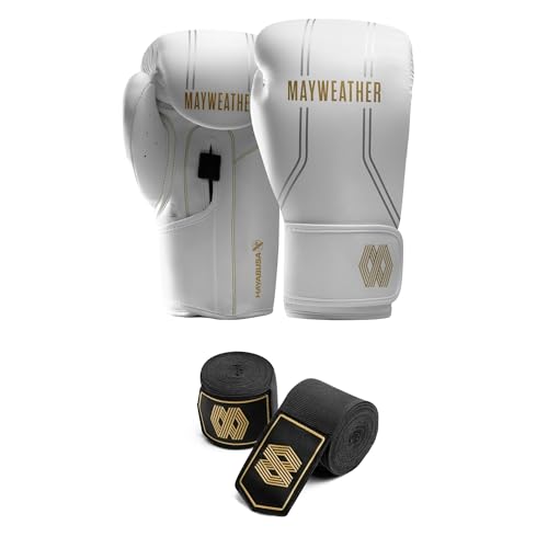 Hayabusa Mayweather Contender Boxing Gloves Kit for Men and Women - color: White/Gold, size: 14oz