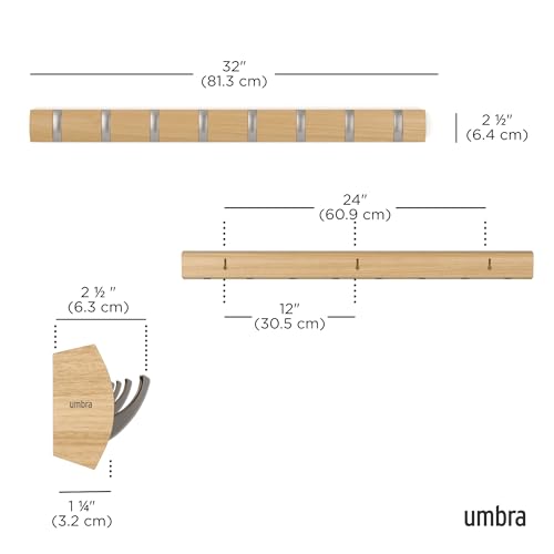 Umbra Flip Coat Rack, Wall Mount 8-Hook, Space Saving, Natural/Nickel - color: Natural, size: 8 hook