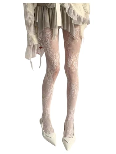 Women's Floral Lace Fishnet Tights Kawaii Y2K See Through Stockings Leggings - color: White, size: Small