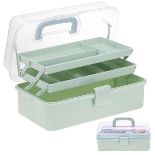 Tackle Box, Craft Organizers and Storage 3-Layer Portable Folding Toolbox, Plastic Tool Box with Handle for Sewing Supplies, Medicine, Art Supplies, Nails and Hair Accessories (Haze Green, 12.5inch)