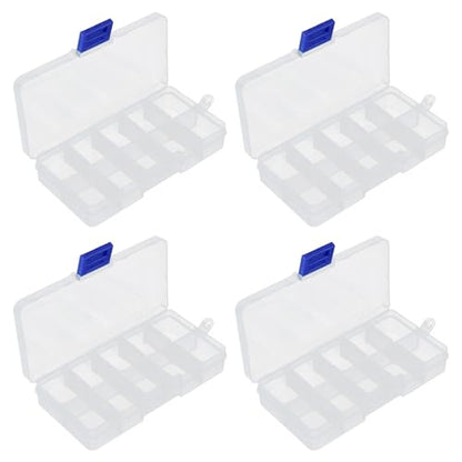 4 PCS 10 Grids Plastic Organizer Box with Dividers, Small Clear Tackle Container, Candy Large Bead Compartment