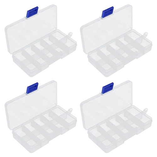 4 PCS 10 Grids Plastic Organizer Box with Dividers, Small Clear Tackle Container, Candy Large Bead Compartment