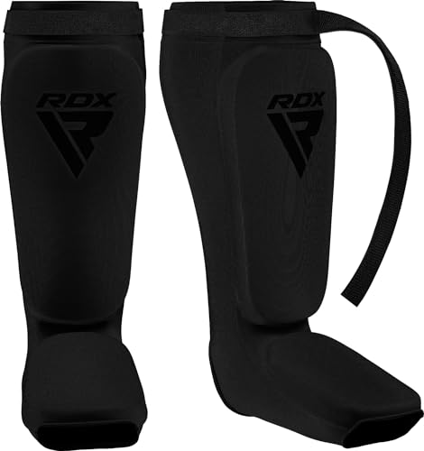 RDX Shin Guards Kickboxing Muay Thai, SATRA Approved, MMA Leg Instep Protection Pads, Sparring Training Martial Arts Boxing, Elasticated Padded Protector, Karate BJJ Taekwondo Gear, Men Women - color: Full Black, size: X-Large