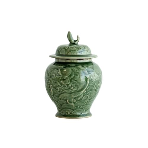 Ceramic Food Jar Celadon Embossed Koi Fish Tea Box Organizer Tea Leaf Box Jar for Coffee Storage Tank Container Awakening Tea Tea Caddy Ornaments Pantry Storage Containers(A,12.8 * 18.5cm) - color: A, size: 12.8*18.5cm