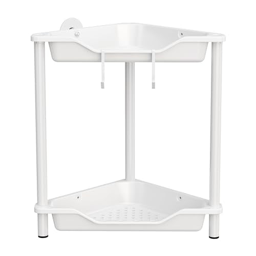 Orimade Rustproof 2 Tier Floor Standing Corner Shower Caddy Organizer, Plastic Metal Splicing Floor Corner Shelf Rack Stands for Bathroom, White - color: White, size: 2 Tier