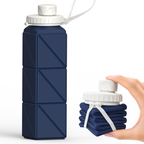 BEAUTAIL Collapsible Water Bottles 21oz/610mL, Silicone Travel Water Bottle | BPA Free, Leakproof & Reusable, Foldable Water Bottle for Traveling, Hiking, Gym, School, Sports, Outdoor, 1-Pack, Dark Blue - color: Dark Blue