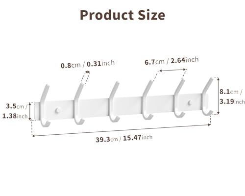 Coat Rack Wall Mount Hooks - 15 Inch White Metal 6-Hook Rack(1 Pack) - color: White, size: 1 Pack