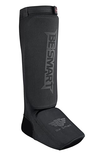 Be Smart MMA Shin Guards for Kickboxing, Muay Thai & Martial Arts – Padded Instep Protection, Lightweight Cotton Elastic Shin Pads – Adult & Youth Training Gear - color: Black/Black, size: Large-X-Large