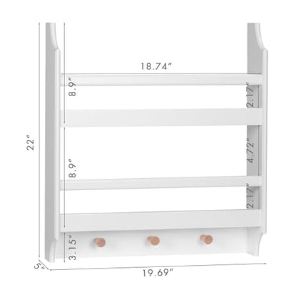 UTEX Floating Nursery Bookshelves, 2-Tier Wall Shelf with 3 Hooks, White