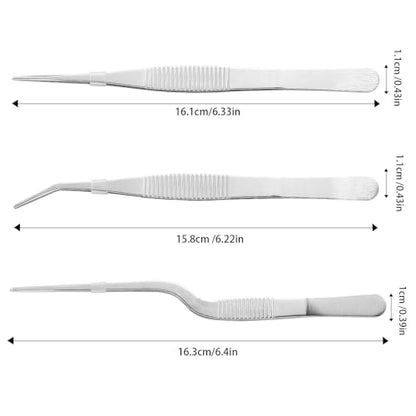 Stainless Steel Tweezers Set for Small Gardening and Kitchen, Multi-Purpose Tools Silver Tweezers (3Pcs, 6.22Inches / 6.33Inches / 6.4Inches)