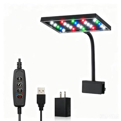 Aquarium LED Light USB 5V1A RGBW 5730 Timmer 1~10Gal Fish Tank Clip Light 10 Brightness Levels 8W with USB Port (Include UL Certification Power Adapter)